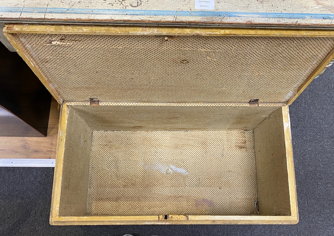 A Victorian metal bound grained and stencil decorated chest, width 75cm, depth 39cm, height 36cm